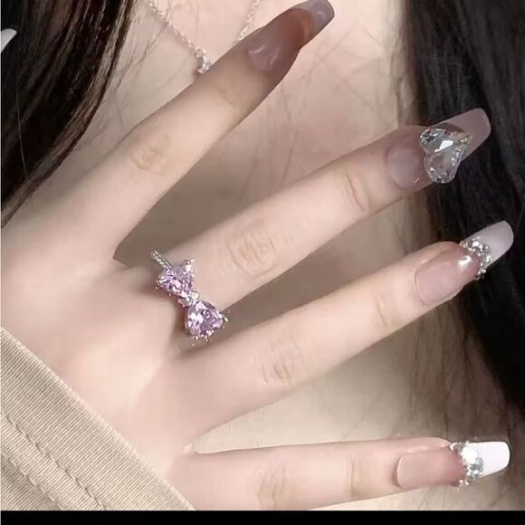 Elegant Pink Bow Gemstone Ring Sterling Silver AAA+ Zirconia Adjustable Size New - Picture 3 of 4